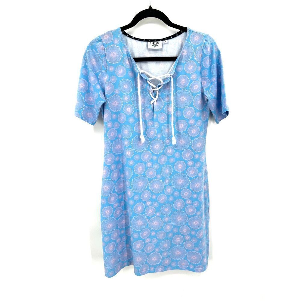 HIHO Blue Pink Rope Lace Up Short Sleeve Mini Dress Resort Wear Size Small
